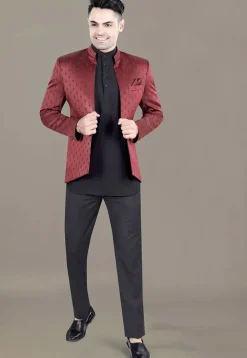 Embroidered Terry Rayon Jodhpuri Suit in Maroon