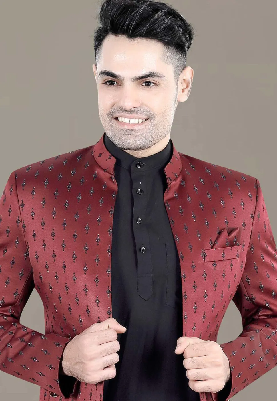 Embroidered Terry Rayon Jodhpuri Suit in Maroon
