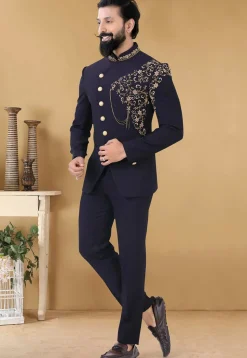Embroidered Terry Rayon Jodhpuri Suit in Navy Blue