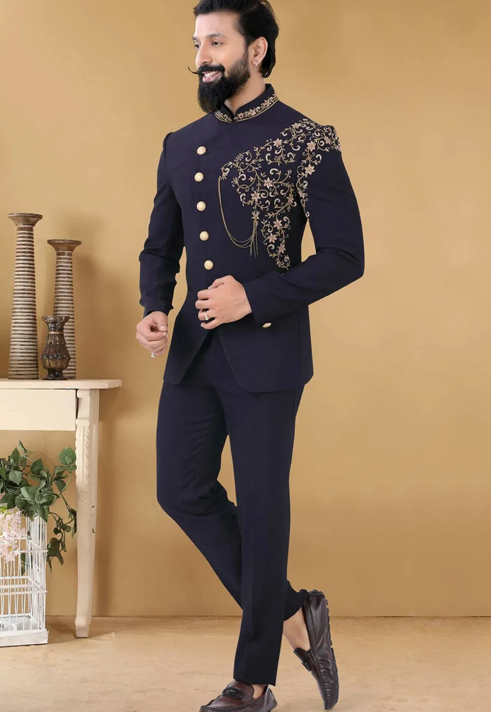 Embroidered Terry Rayon Jodhpuri Suit in Navy Blue