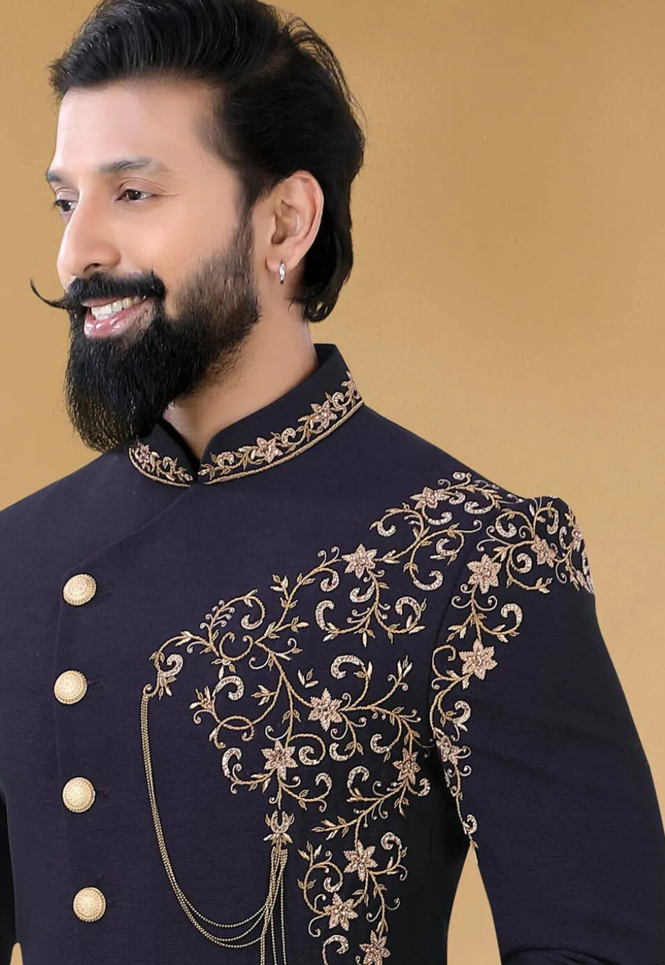 Embroidered Terry Rayon Jodhpuri Suit in Navy Blue