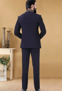 Embroidered Terry Rayon Jodhpuri Suit in Navy Blue