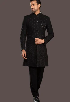 Embroidered Terry Rayon Sherwani in Black