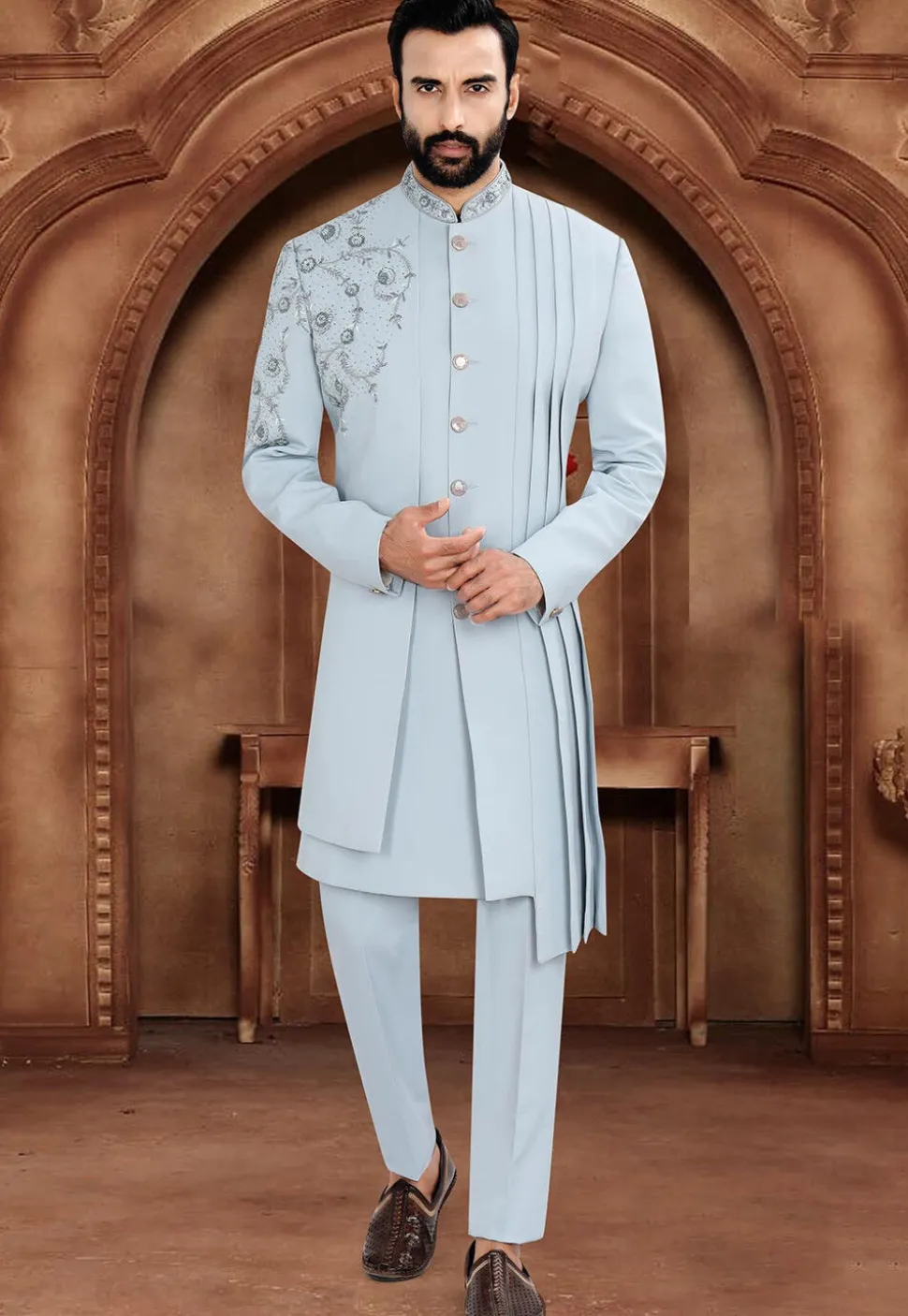 Embroidered Terry Rayon Sherwani in Blue