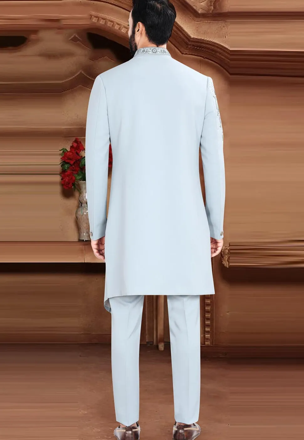 Embroidered Terry Rayon Sherwani in Blue