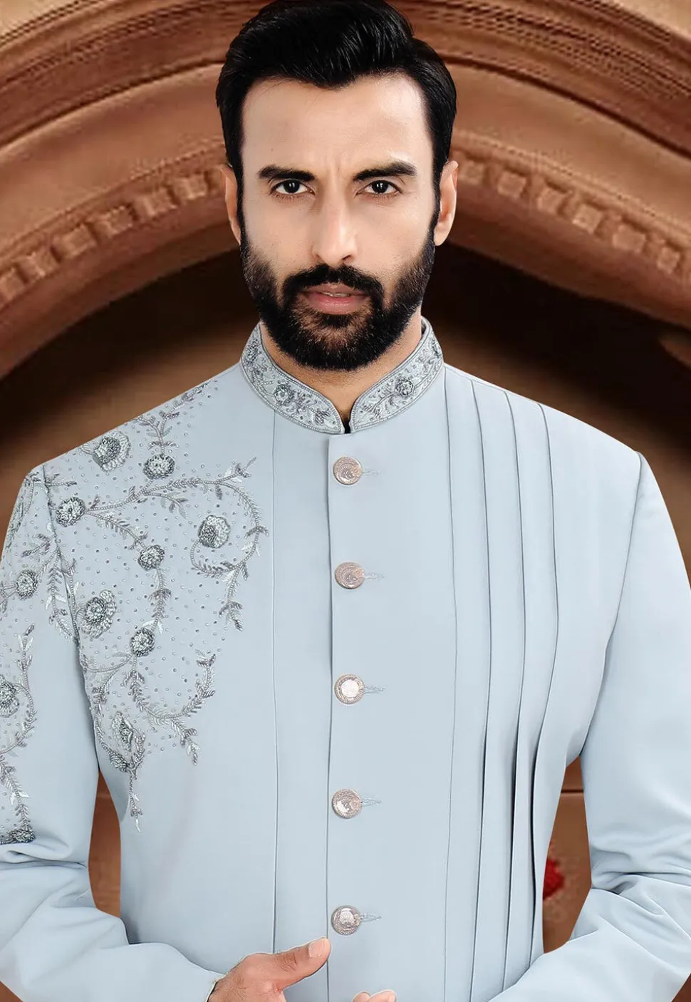 Embroidered Terry Rayon Sherwani in Blue
