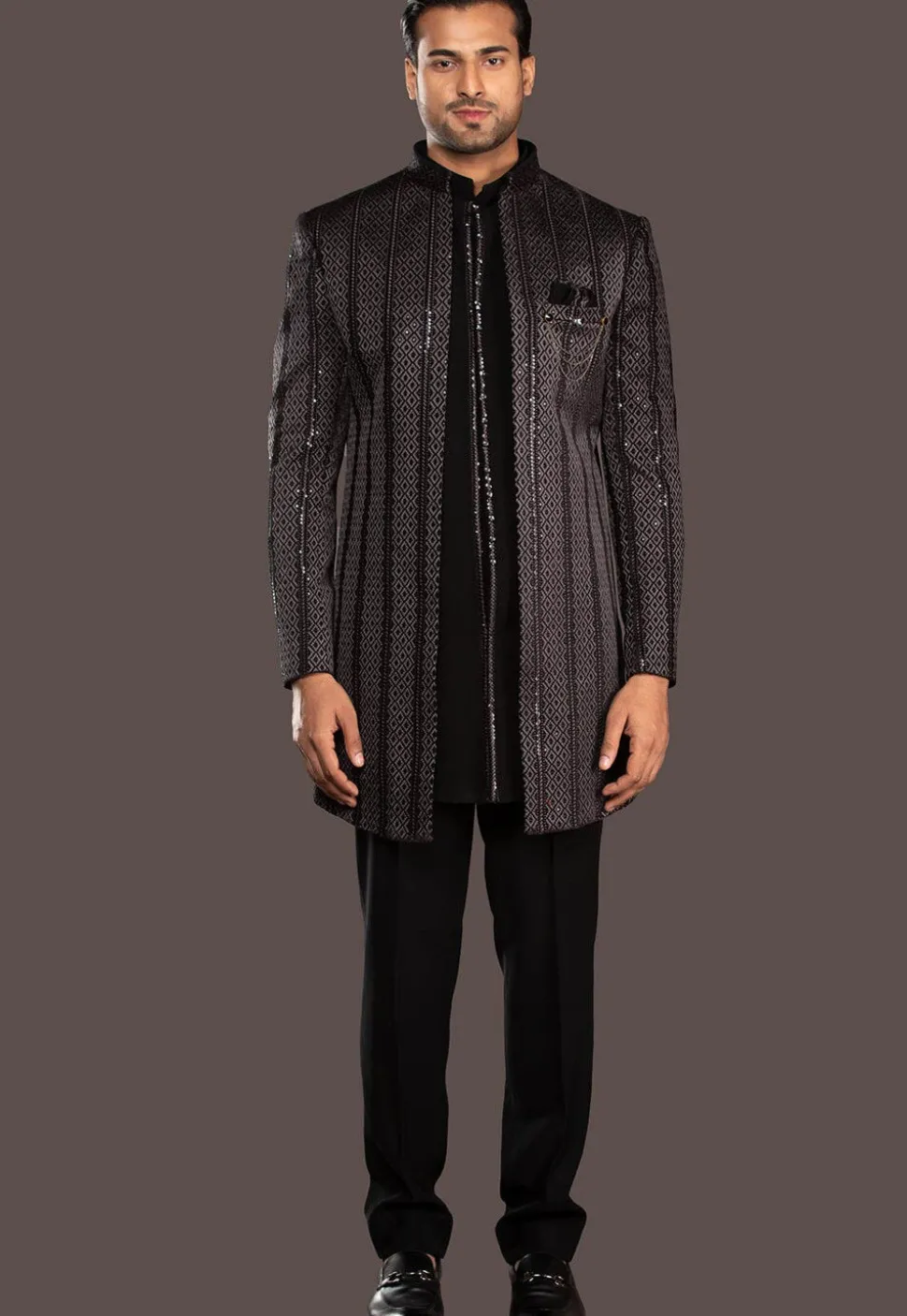 Embroidered Terry Rayon Sherwani in Black