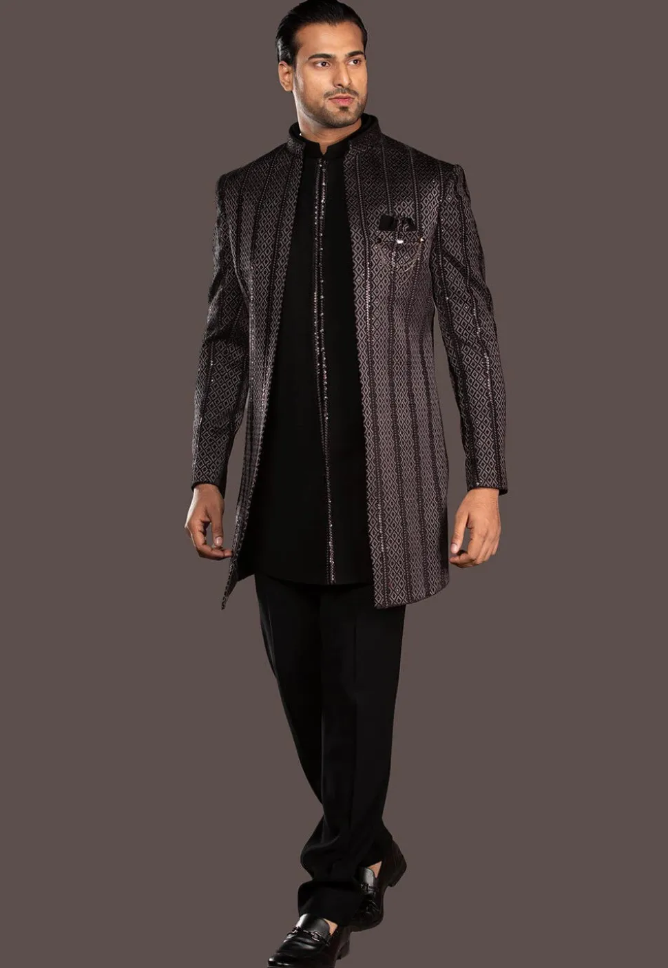 Embroidered Terry Rayon Sherwani in Black