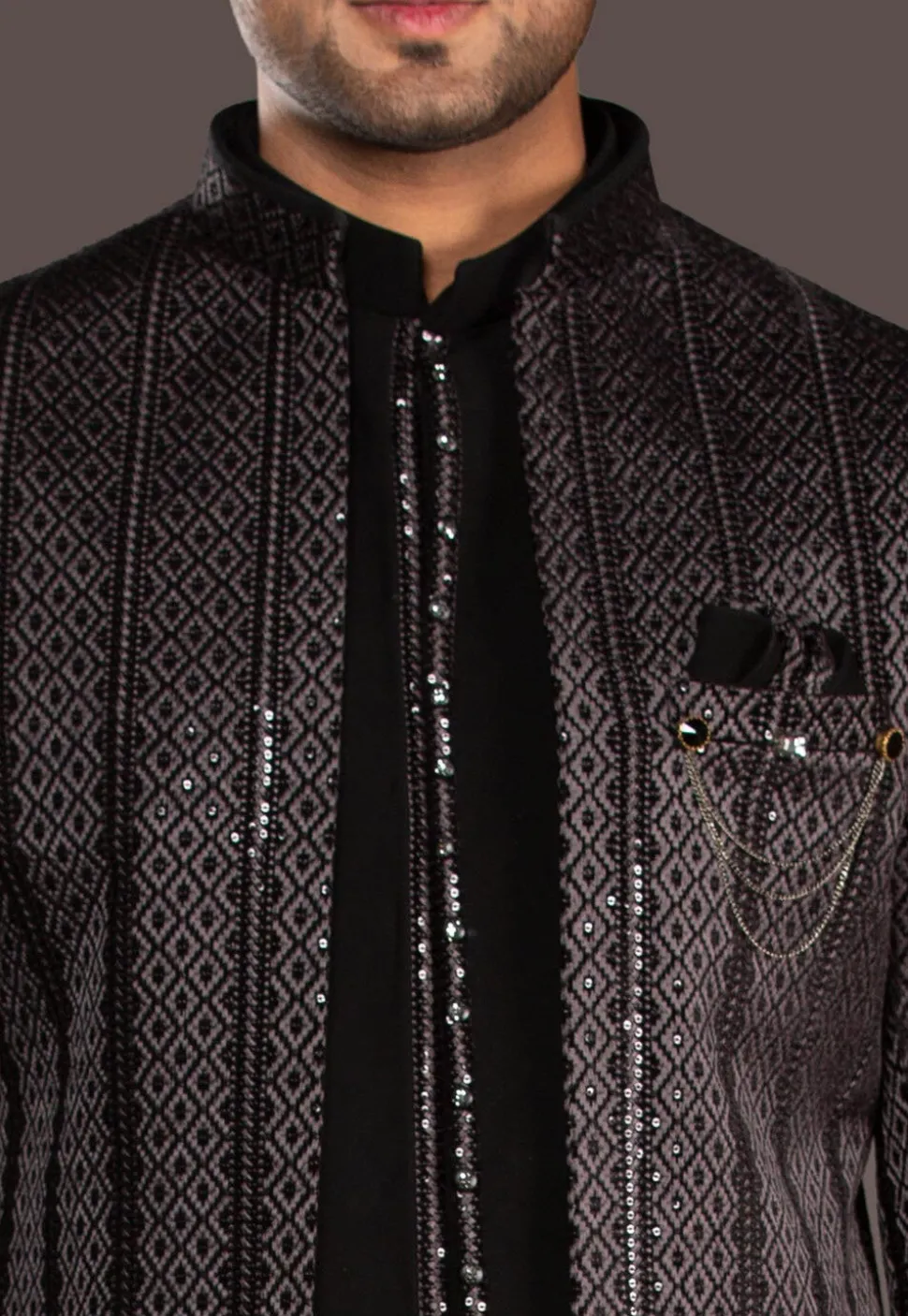 Embroidered Terry Rayon Sherwani in Black