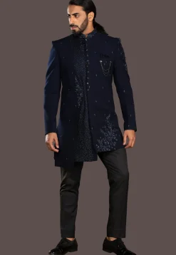 Embroidered Terry Rayon Sherwani in Navy Blue
