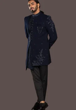 Embroidered Terry Rayon Sherwani in Navy Blue