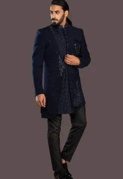 Embroidered Terry Rayon Sherwani in Navy Blue