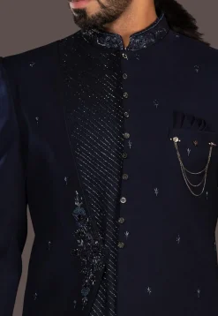 Embroidered Terry Rayon Sherwani in Navy Blue