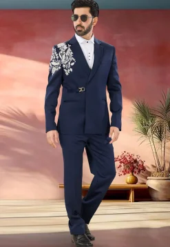 Embroidered Terry Rayon Tuxedo in Navy Blue