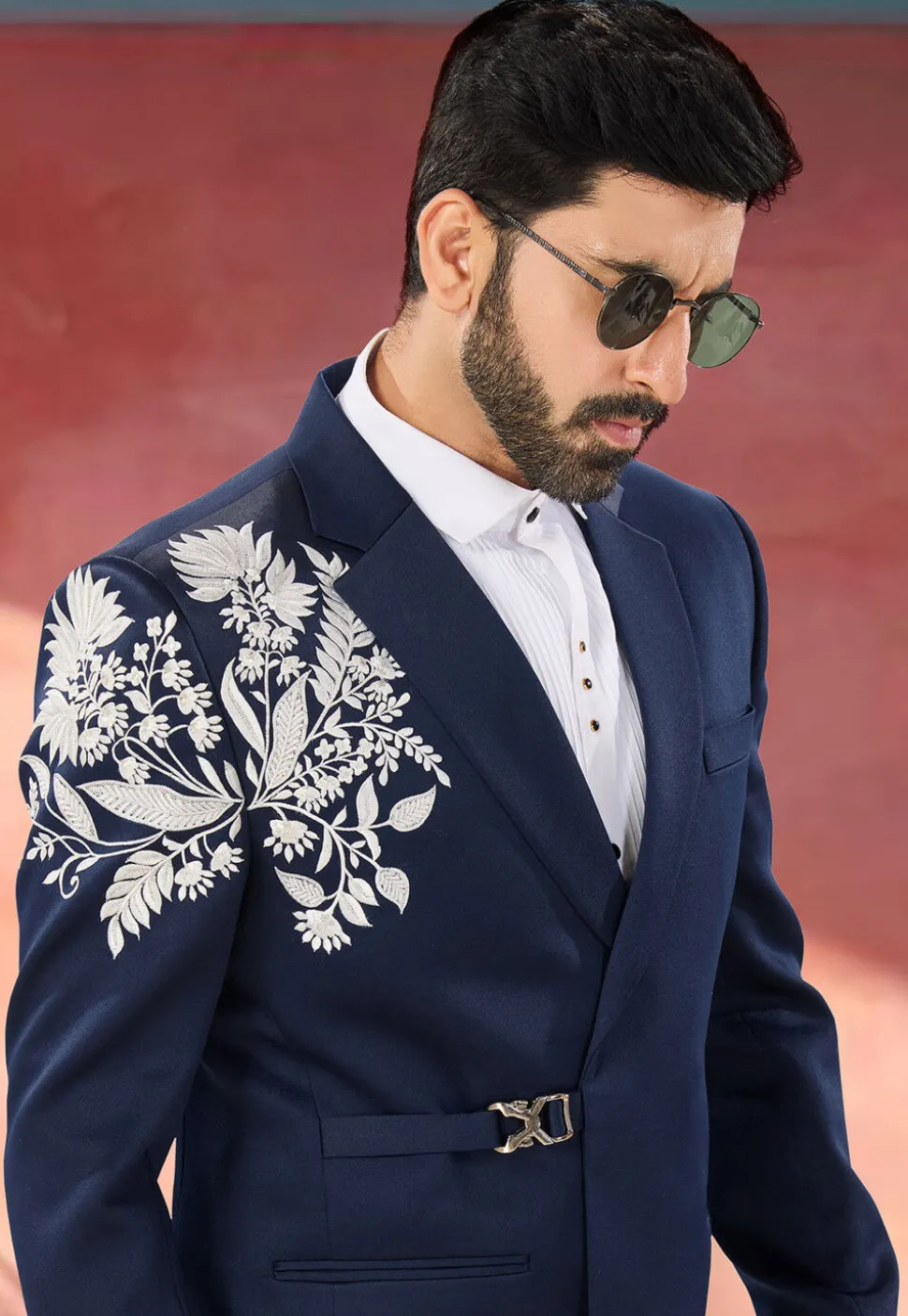 Embroidered Terry Rayon Tuxedo in Navy Blue