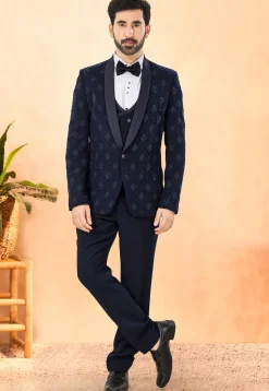Embroidered Terry Rayon Tuxedo in Navy Blue