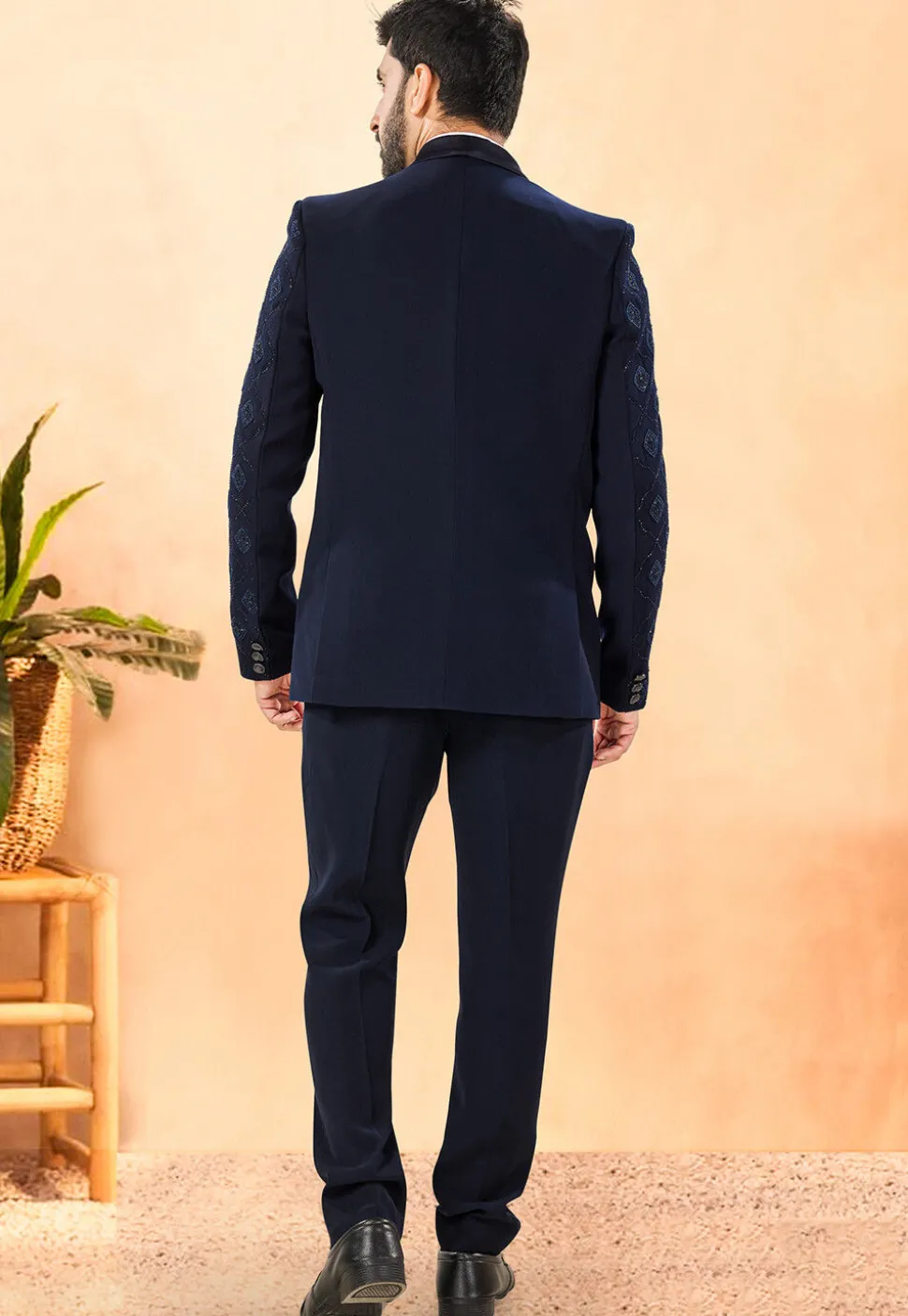 Embroidered Terry Rayon Tuxedo in Navy Blue