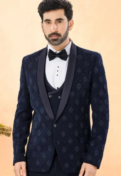 Embroidered Terry Rayon Tuxedo in Navy Blue