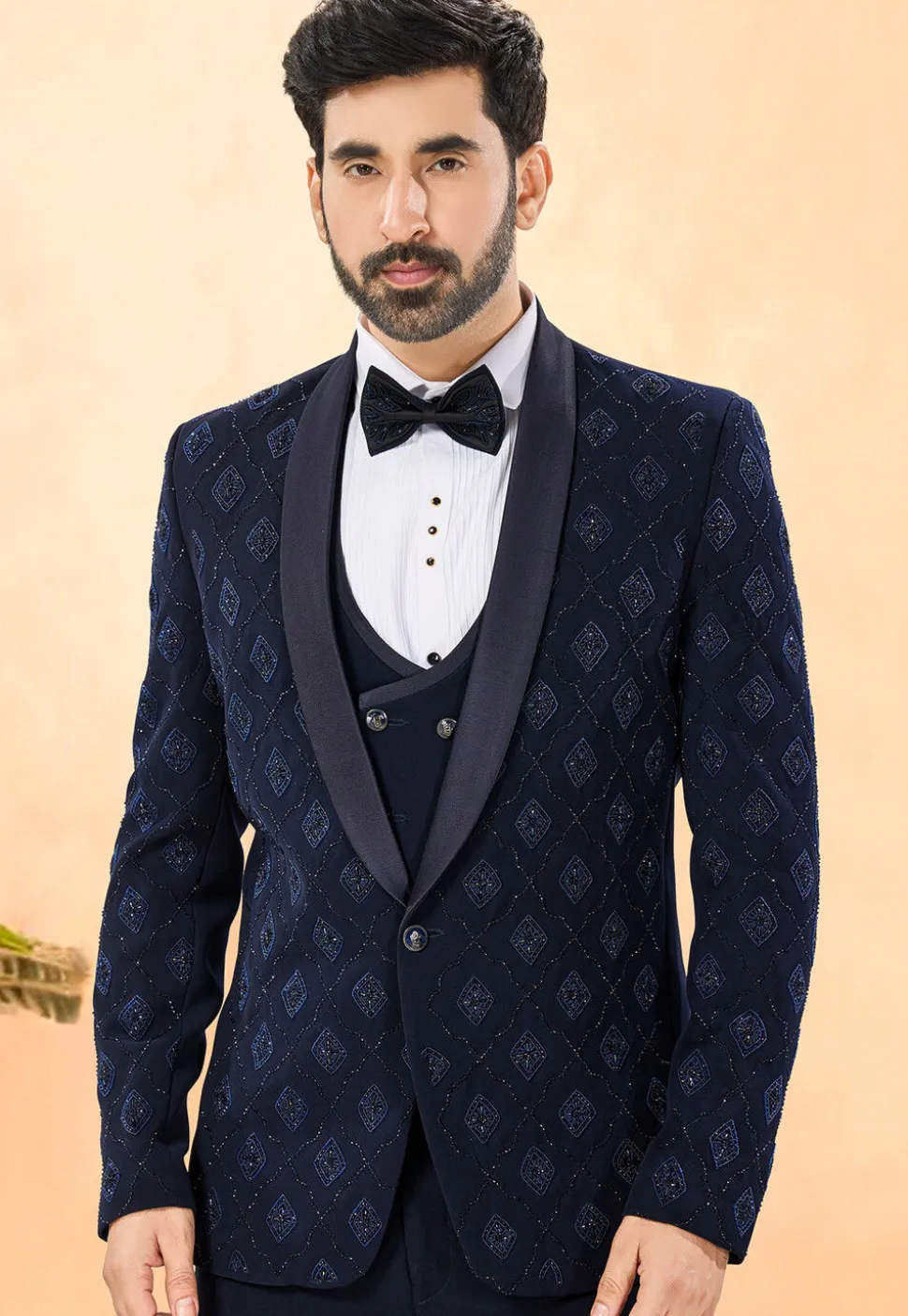 Embroidered Terry Rayon Tuxedo in Navy Blue