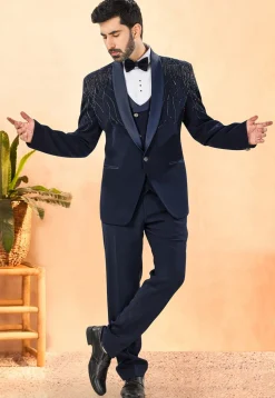 Embroidered Terry Rayon Tuxedo in Navy Blue