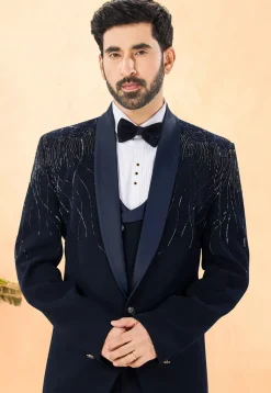 Embroidered Terry Rayon Tuxedo in Navy Blue