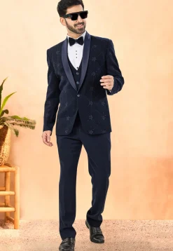 Embroidered Terry Rayon Tuxedo in Navy Blue