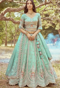 Embroidered Tissue Lehenga in Sea Green
