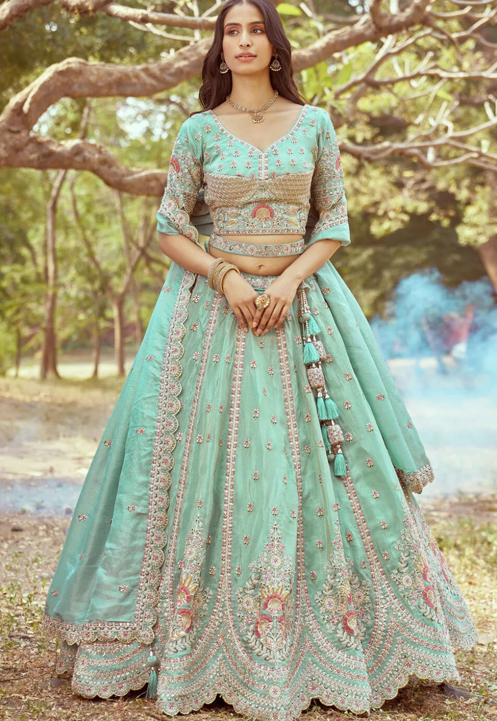 Embroidered Tissue Lehenga in Sea Green