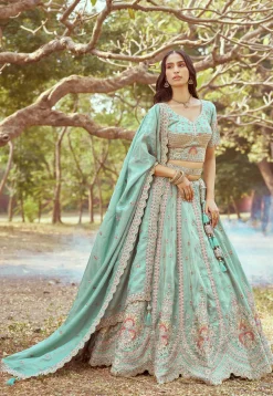 Embroidered Tissue Lehenga in Sea Green