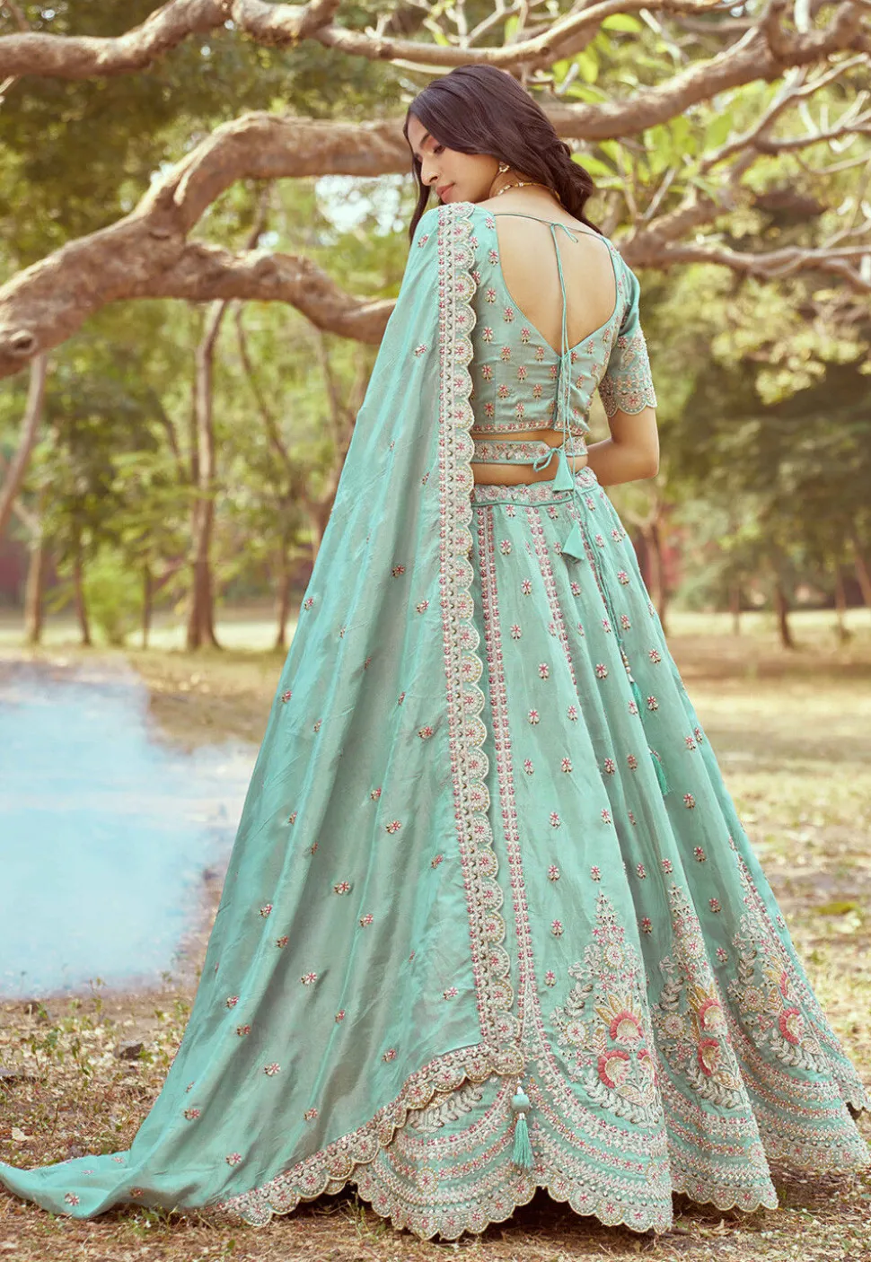 Embroidered Tissue Lehenga in Sea Green