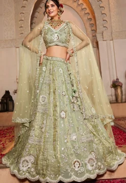 Embroidered Tissue Lehenga in Dusty Green