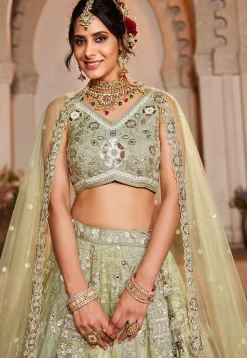 Embroidered Tissue Lehenga in Dusty Green