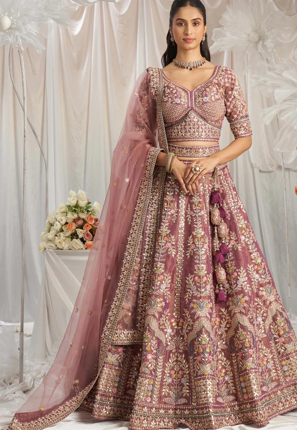 Embroidered Tissue Lehenga in Purple