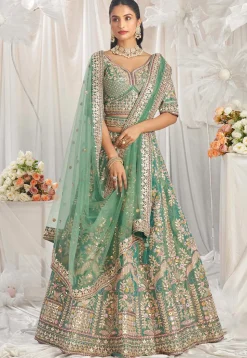 Embroidered Tissue Lehenga in Sea Green
