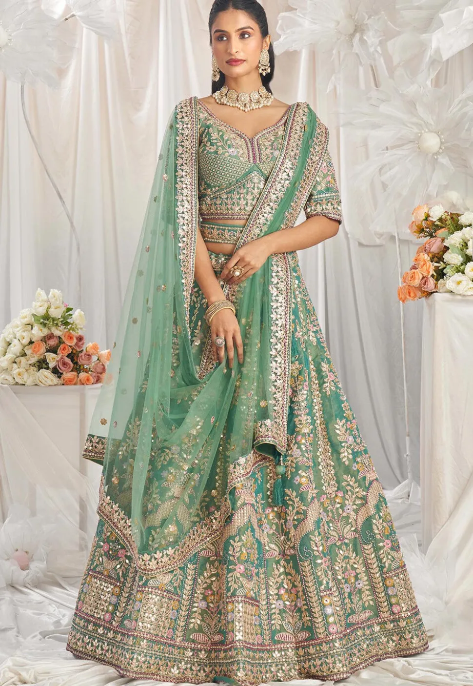 Embroidered Tissue Lehenga in Sea Green