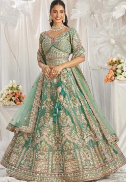 Embroidered Tissue Lehenga in Sea Green
