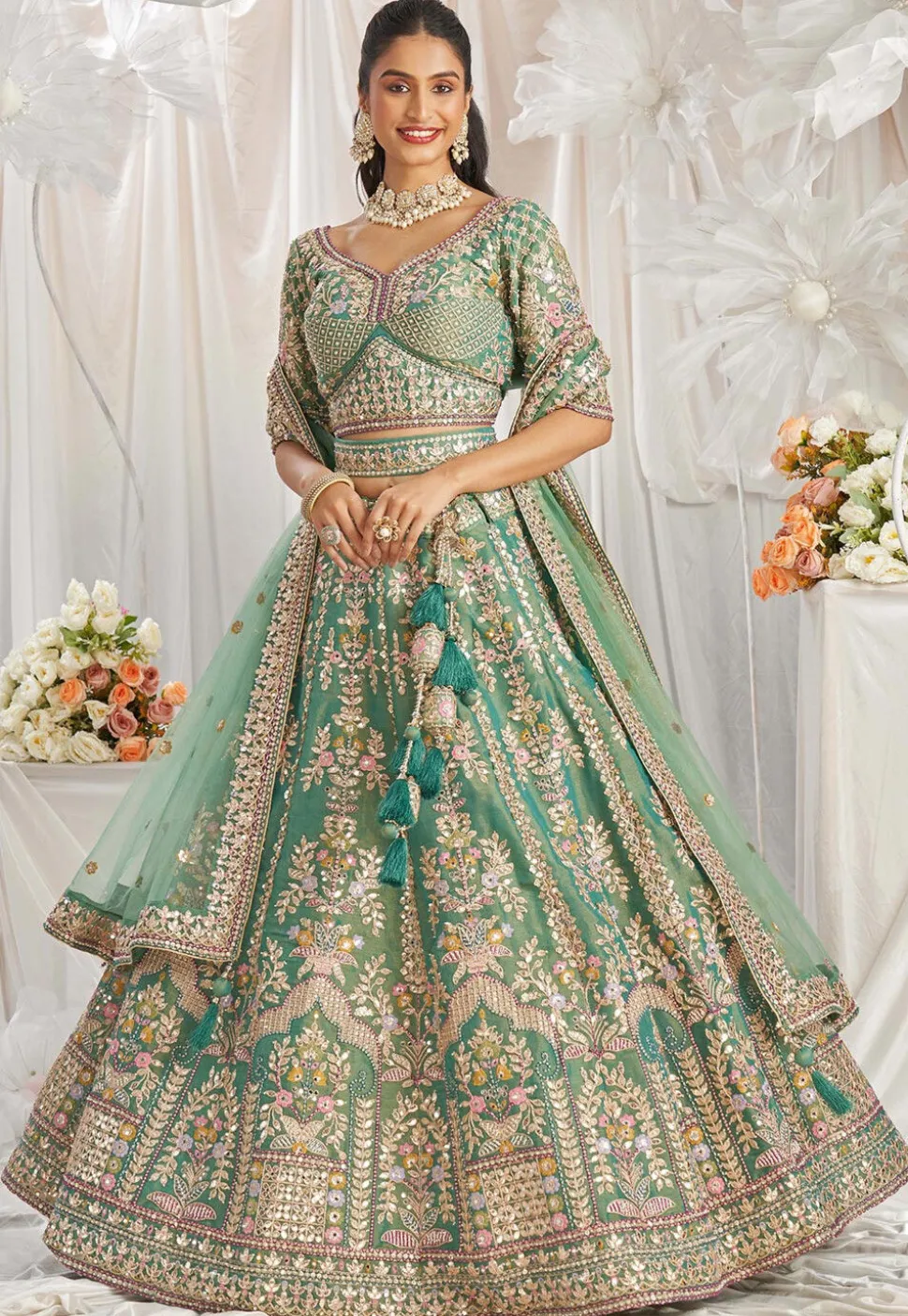 Embroidered Tissue Lehenga in Sea Green