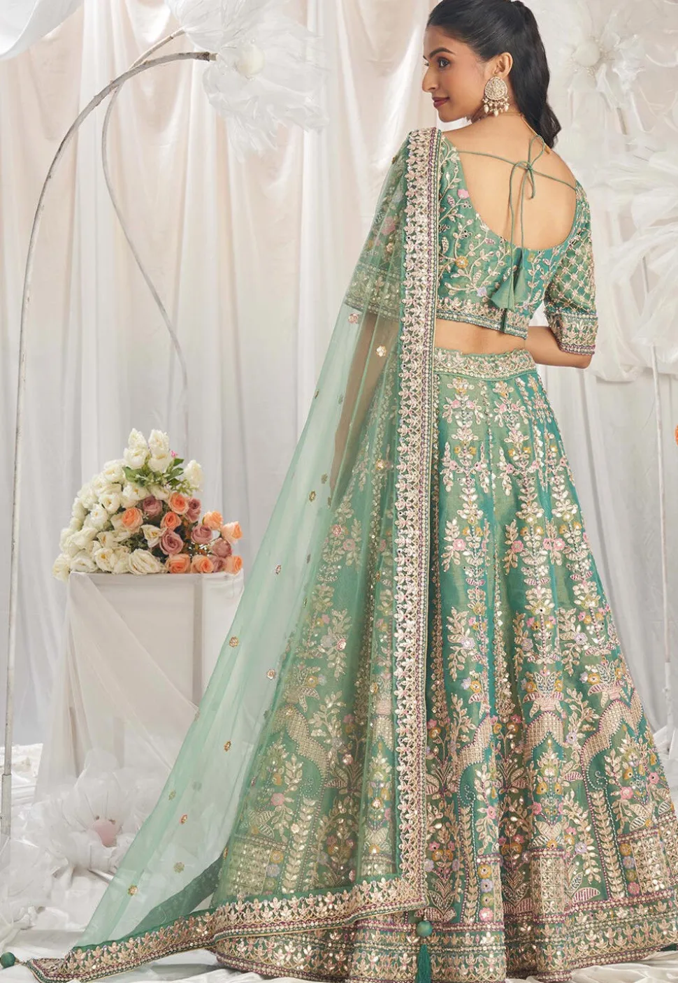 Embroidered Tissue Lehenga in Sea Green