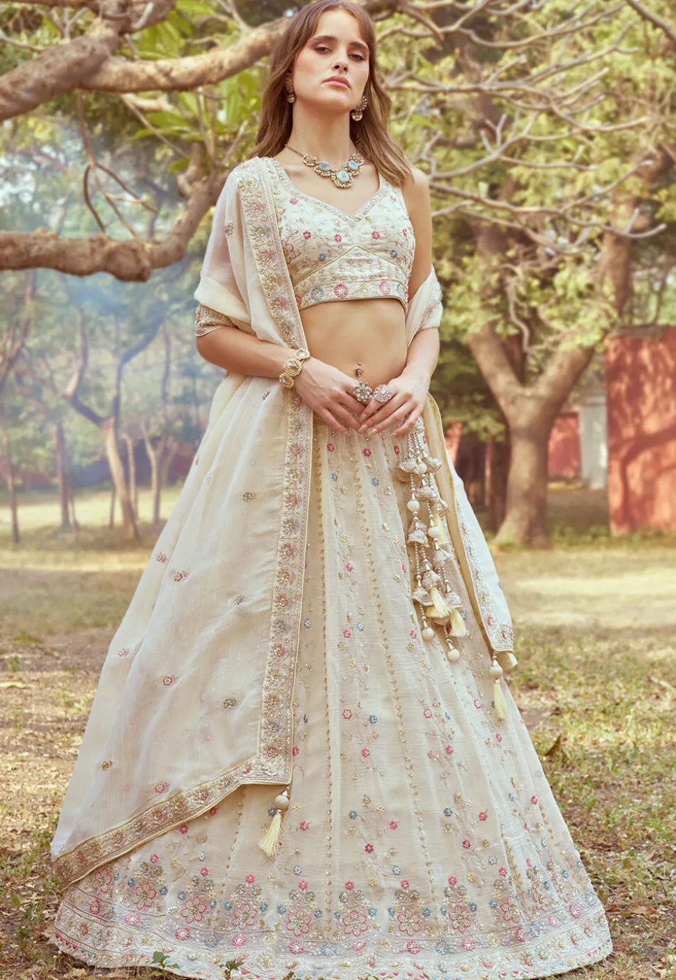 Embroidered Tissue Lehenga in Cream