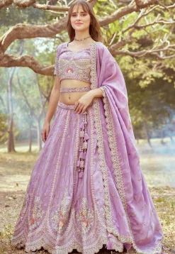Embroidered Tissue Lehenga in Purple