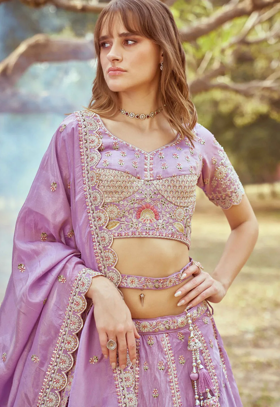 Embroidered Tissue Lehenga in Purple
