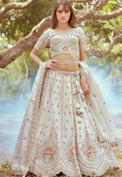 Embroidered Tissue Lehenga in Cream