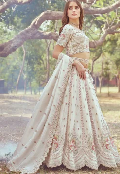 Embroidered Tissue Lehenga in Cream