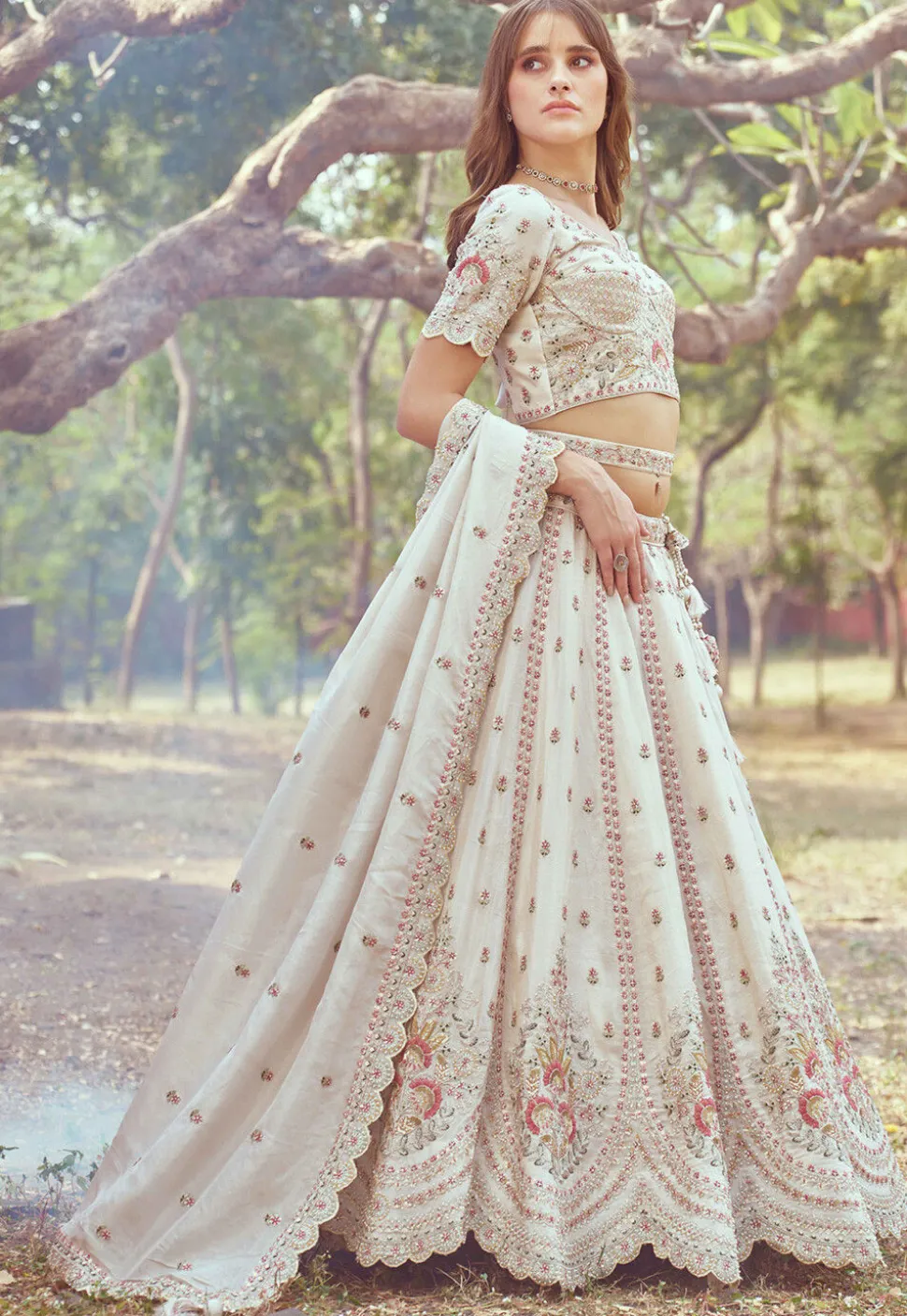 Embroidered Tissue Lehenga in Cream