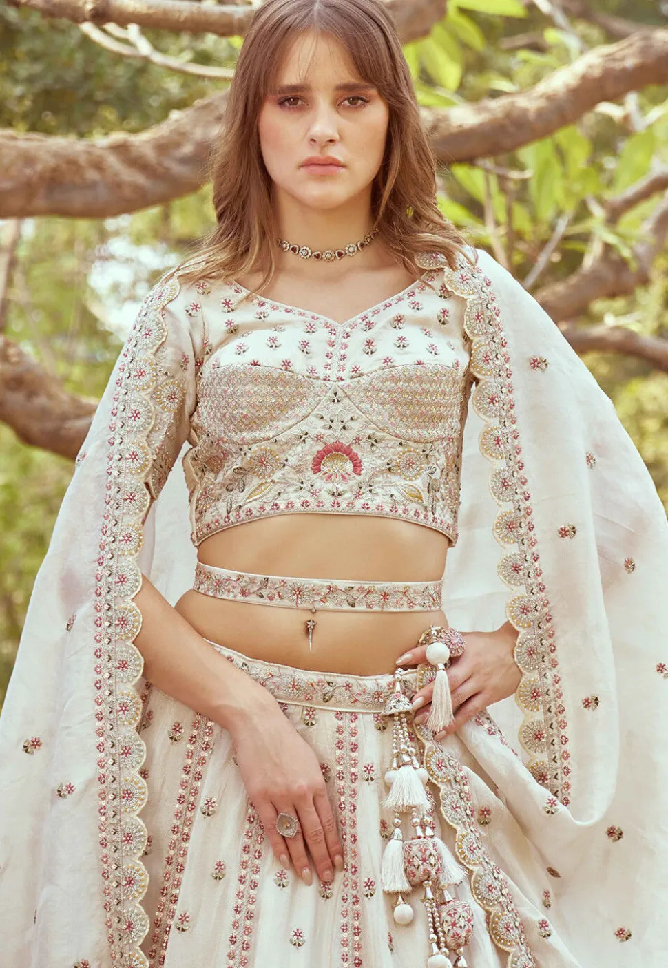 Embroidered Tissue Lehenga in Cream