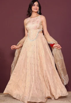 Embroidered Tissue Lehenga in Beige