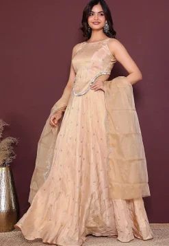 Embroidered Tissue Lehenga in Beige