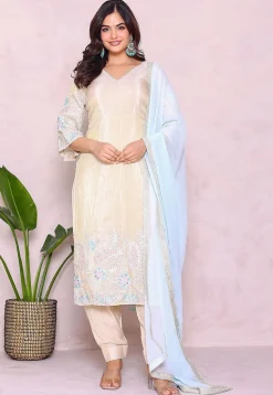 Embroidered Tissue Punjabi Suit in Light Beige