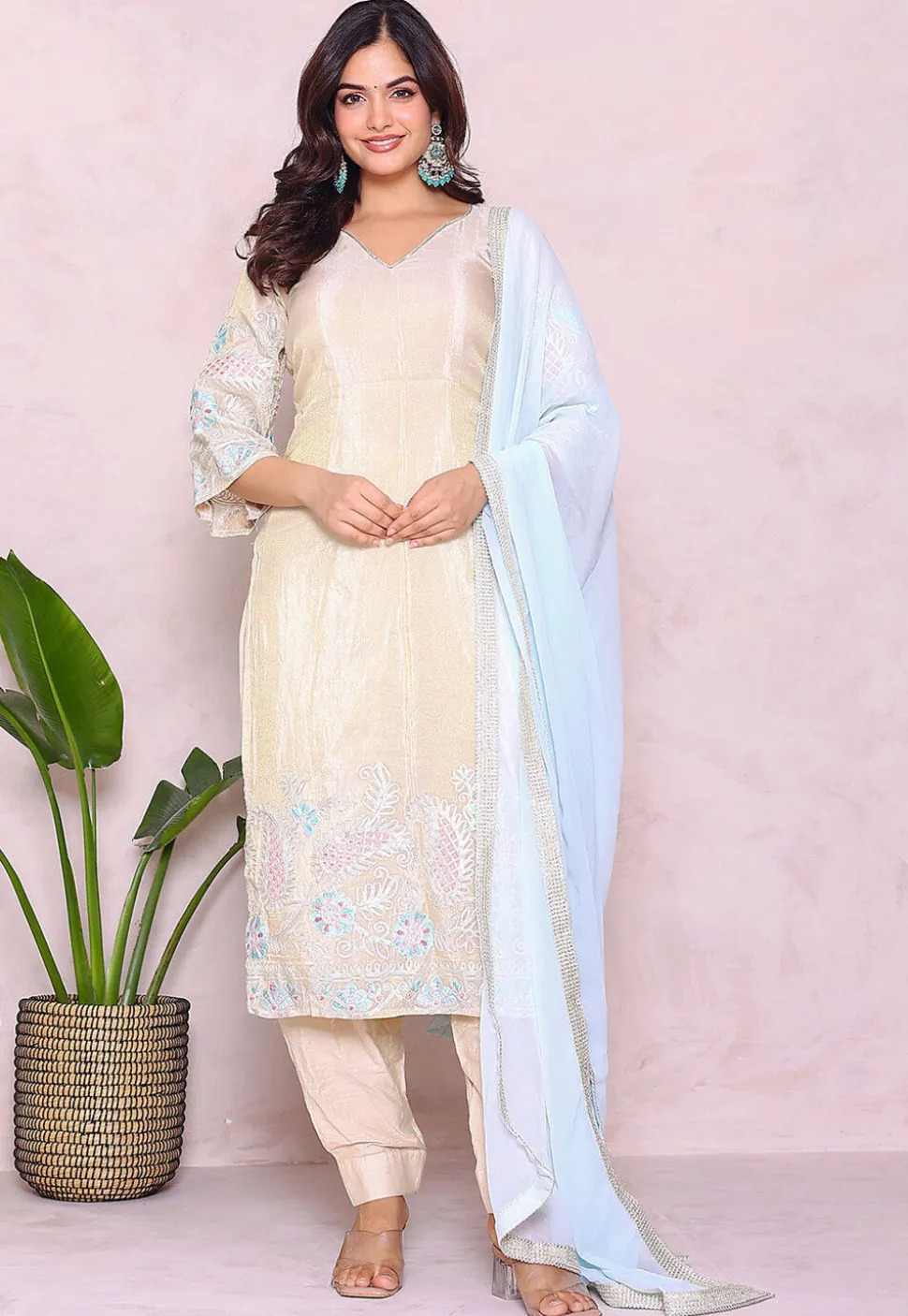 Embroidered Tissue Punjabi Suit in Light Beige