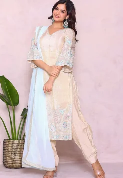 Embroidered Tissue Punjabi Suit in Light Beige